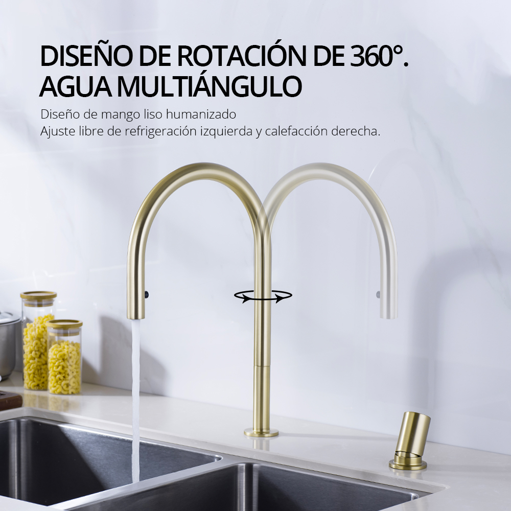 Grifo de cocina de Oro pulido, mezclador de pulverización extraíble Invisible, doble orificio, manija única, grifo de fregadero separado de latón macizo caliente y frío