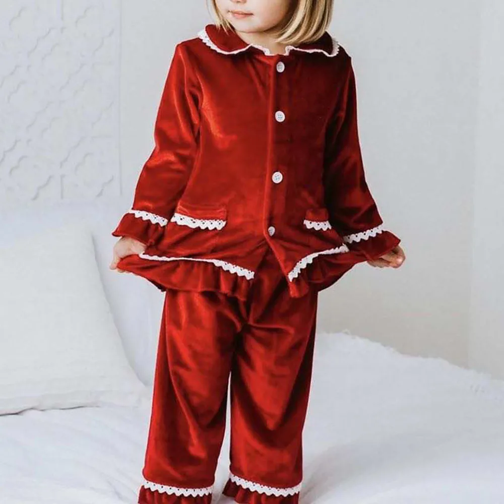 Conjunto de pijama para madre e hijo, conjunto de terciopelo rojo con volantes, ideal para Navidad, para Hermanos, gran oferta