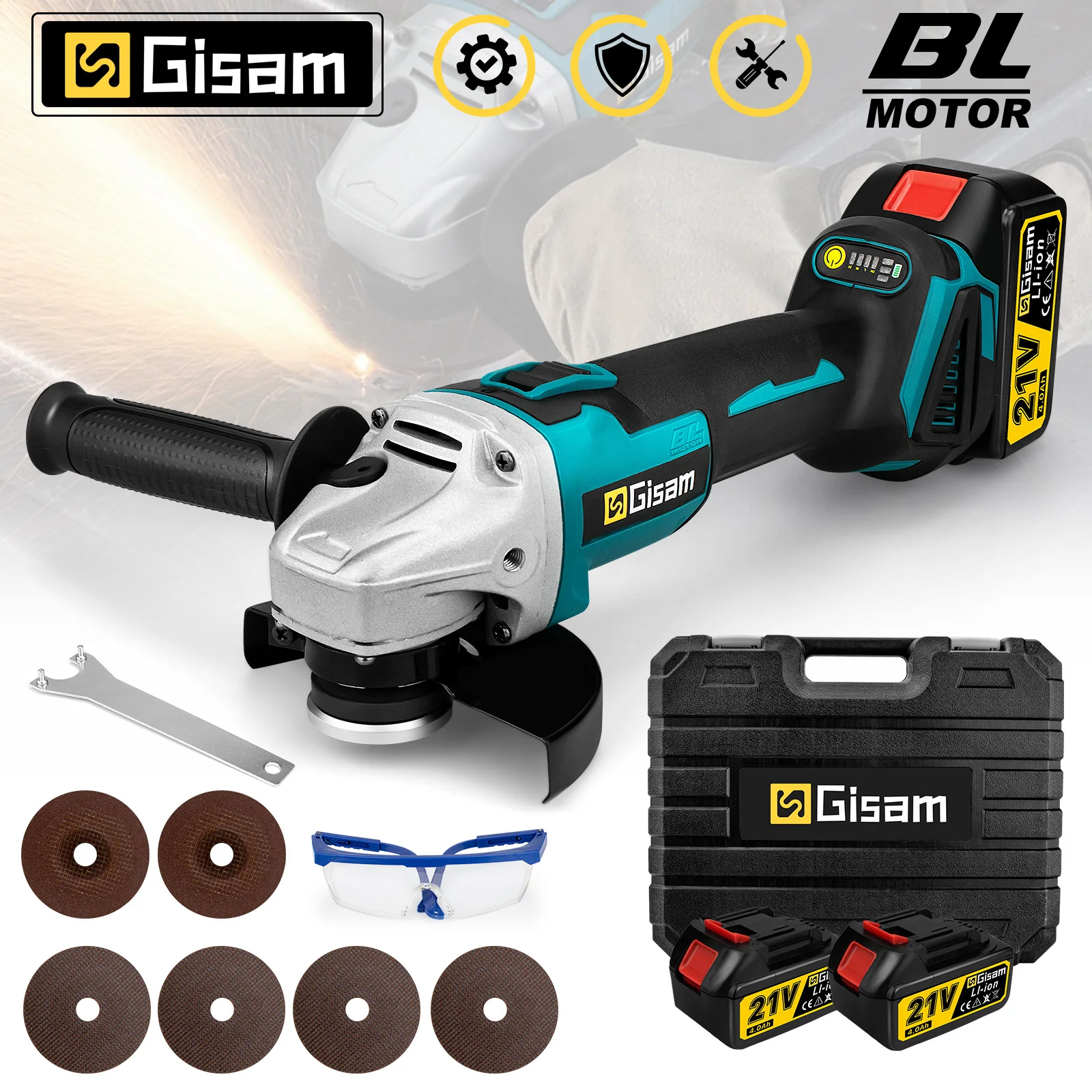 Gismo 125mm 4 engrenagens sem escova ângulo moedor sem fio moagem polimento máquina de corte ferramentas elétricas para makita 18v bateria pino