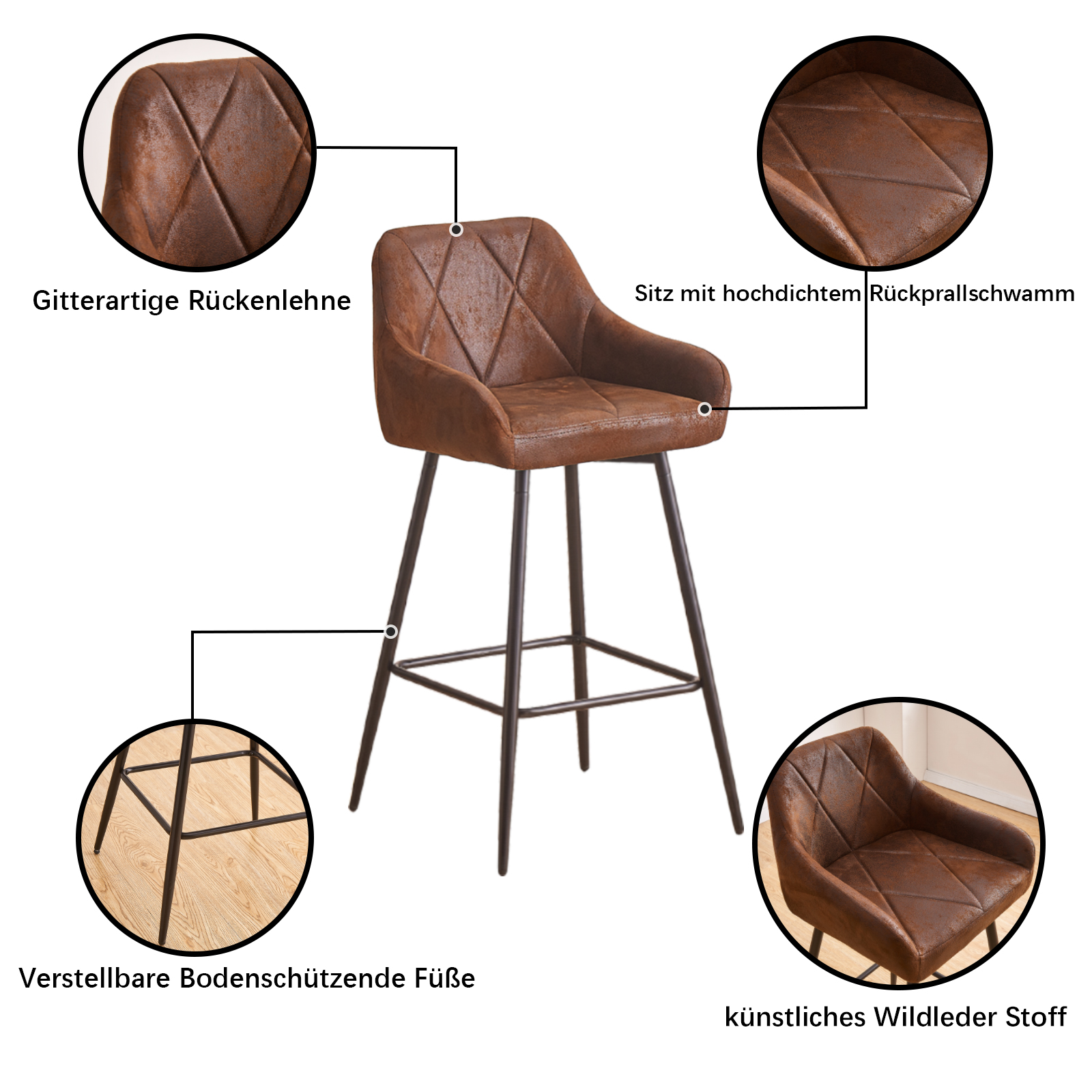 JYMTOM 2/4-Set Barhocker Tresenhocker Bistrohocker Velvet/PU-Bezug Barstühle mit Armlehne, modischer Hocker mit schwarzem Metall
