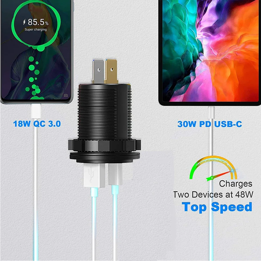60W autolader socket met spanningsweergave USB Type C PD+QC3.0 dubbele poort voor 12V/24V motorfiets vrachtwagen boot telefoon snel opladen