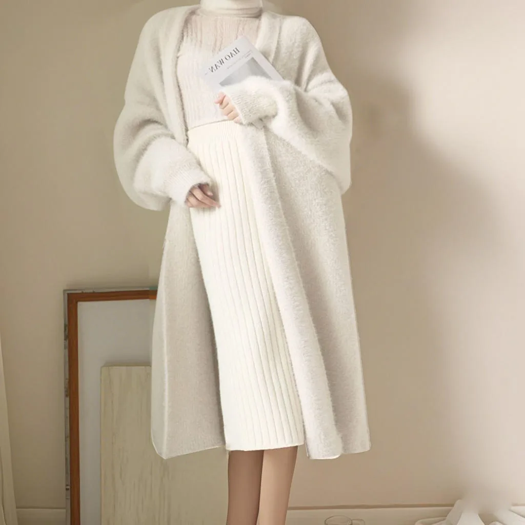 Weiße lange Strickjacke für Damen, Winterkleidung, gestrickt, flauschig, langärmelig, Kaschmirpullover, Mantel, koreanischer Stil, warm, Vintage