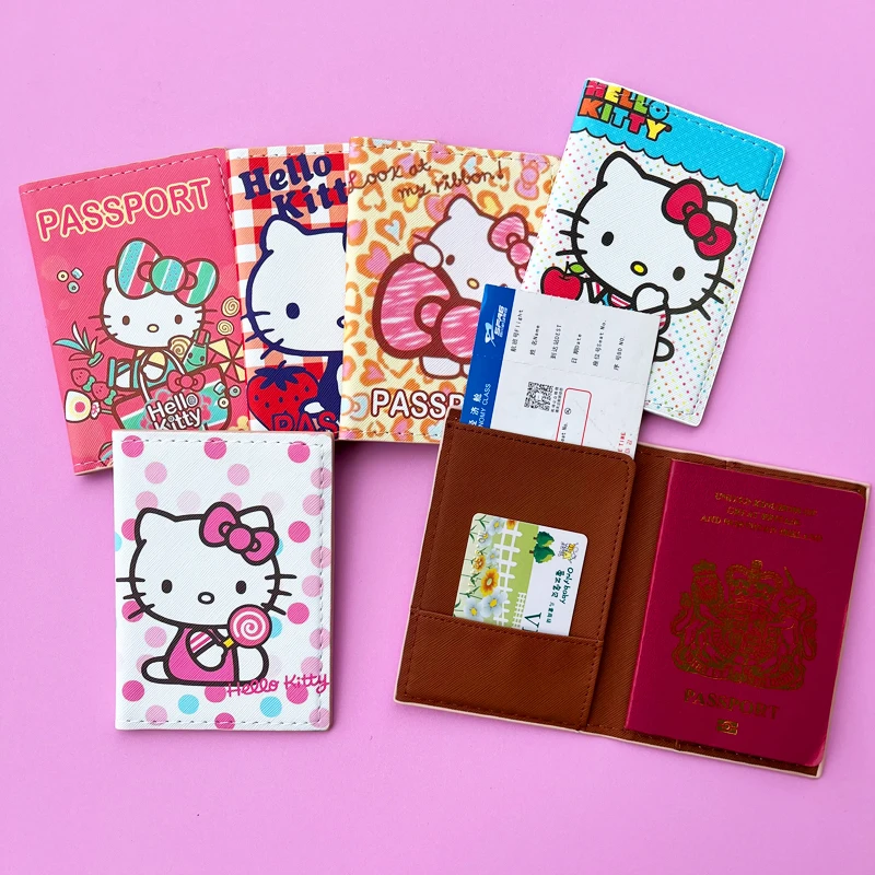 การ์ตูน HELLO KITTY ปกหนังสือเดินทางท่องเที่ยวกระเป๋าสตางค์ Unisex ธุรกิจมัลติฟังก์ชั่บัตรเครดิตกระเป๋าสตางค์ผู้หญิง Organizer Passport Case