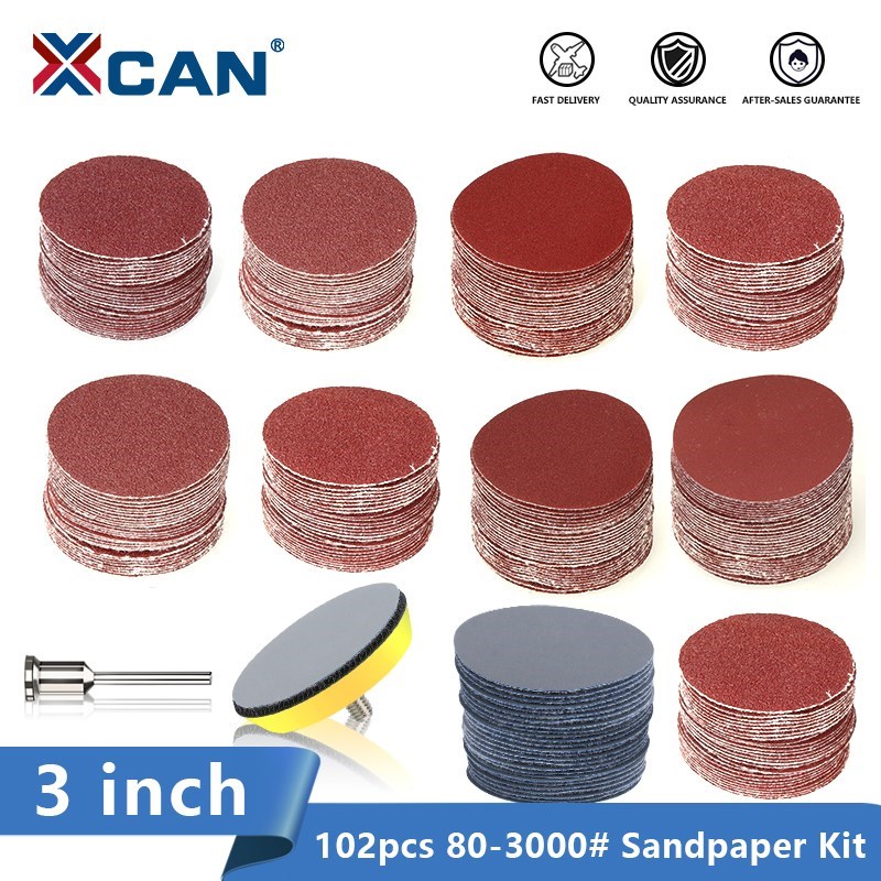 XCAN-disco de lijado redondo, papel de lija seco abrasivo de 3 pulgadas y 75mm con almohadilla de 3 pulgadas de respaldo para herramientas de limpieza y pulido, 102 Uds.