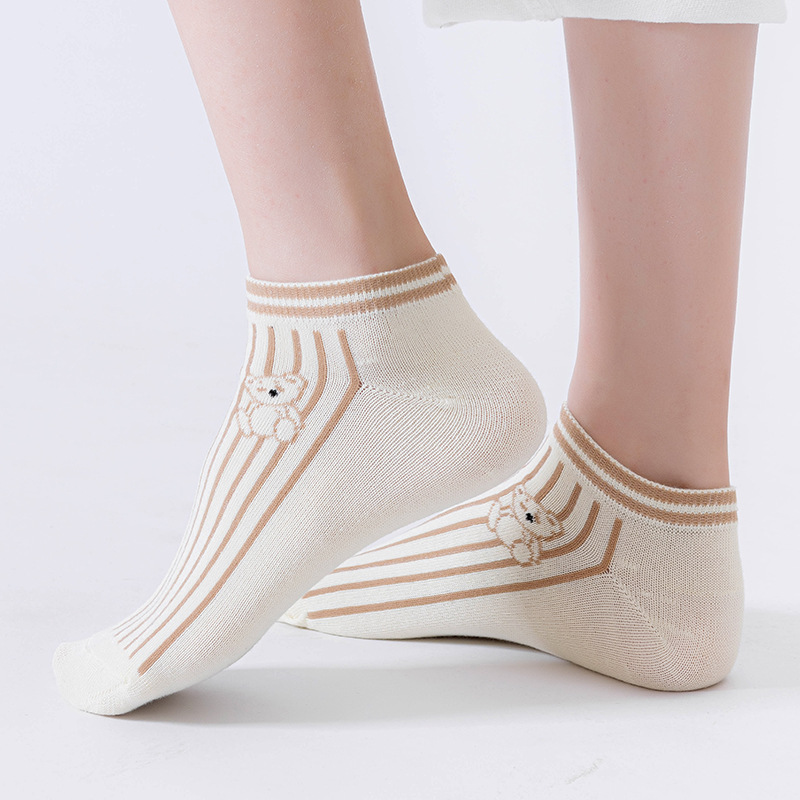 Conjunto de calcetines de tubo bajo para mujer, medias cómodas con patrón de oso, transpirables, estilo informal, 5 pares