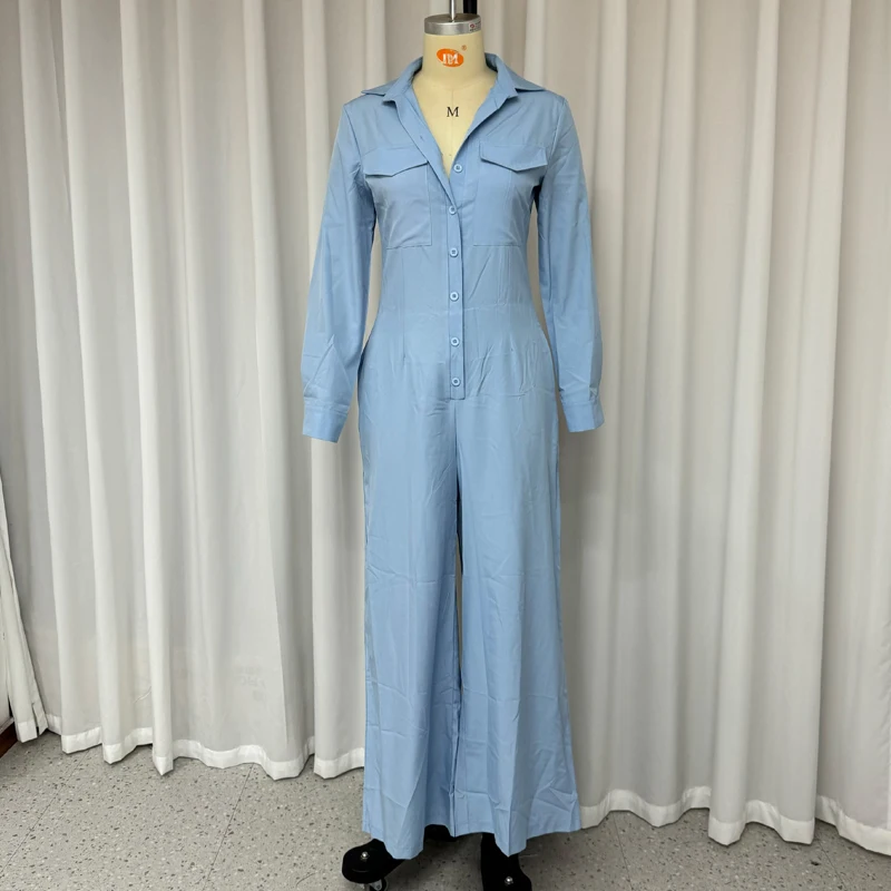Wefads 女性ジャンプスーツファッション固体長袖ラペルシングルブレストボタンニップウエストワイド脚ロングジャンプスーツストリート