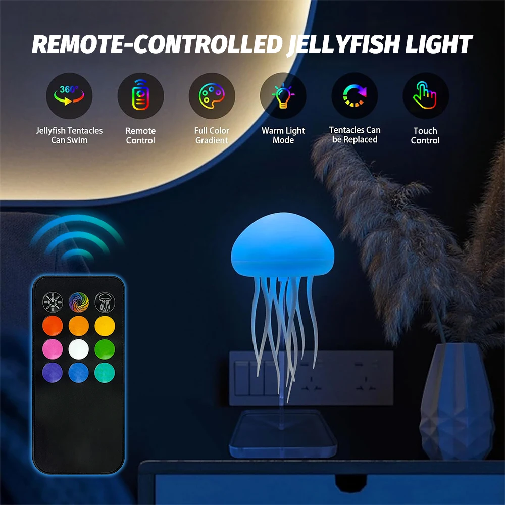 Novidade rgb medusa luz noturna sensor de toque mudança de cor recarregável lâmpada de mesa fofa para quartos sala de estar