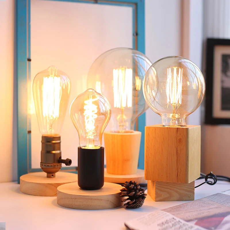 Lámpara de mesa de madera Retro, enchufe E27, lámpara de escritorio Vintage, soporte de Base, enchufe europeo, decoración de lámpara de noche, Base de madera, luz de mesa de 220V 110V