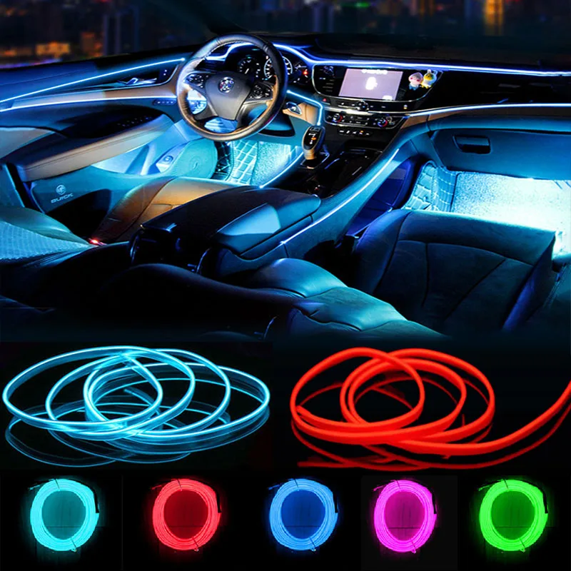 Neon LED Car Interior Lâmpadas Decorativas, USB Drive, Painel, Console de Luz Ambiente, Luz Fria, DIY, 1m, 3m, 5m