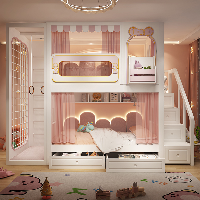 Upper and lower beds All solid wood high and low beds Multifunctional with arches Climbing frame Tree house bed Children's bed