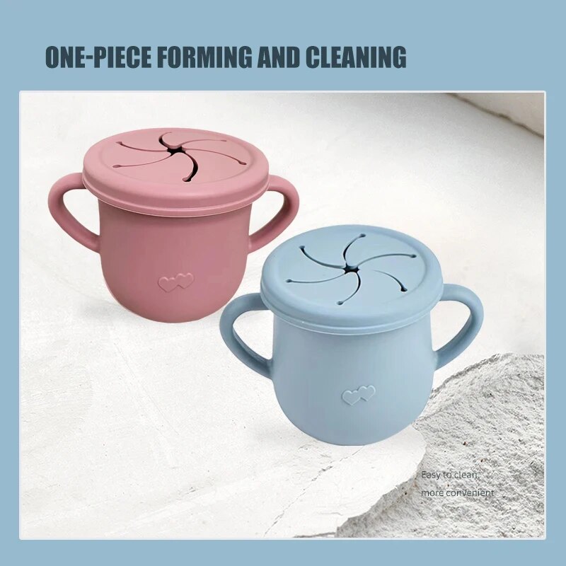 Taza de aperitivos de silicona para bebé, caja de comida de silicona de Color sólido, contenedor de aperitivos portátil para bebé con tapa de taza para bebé