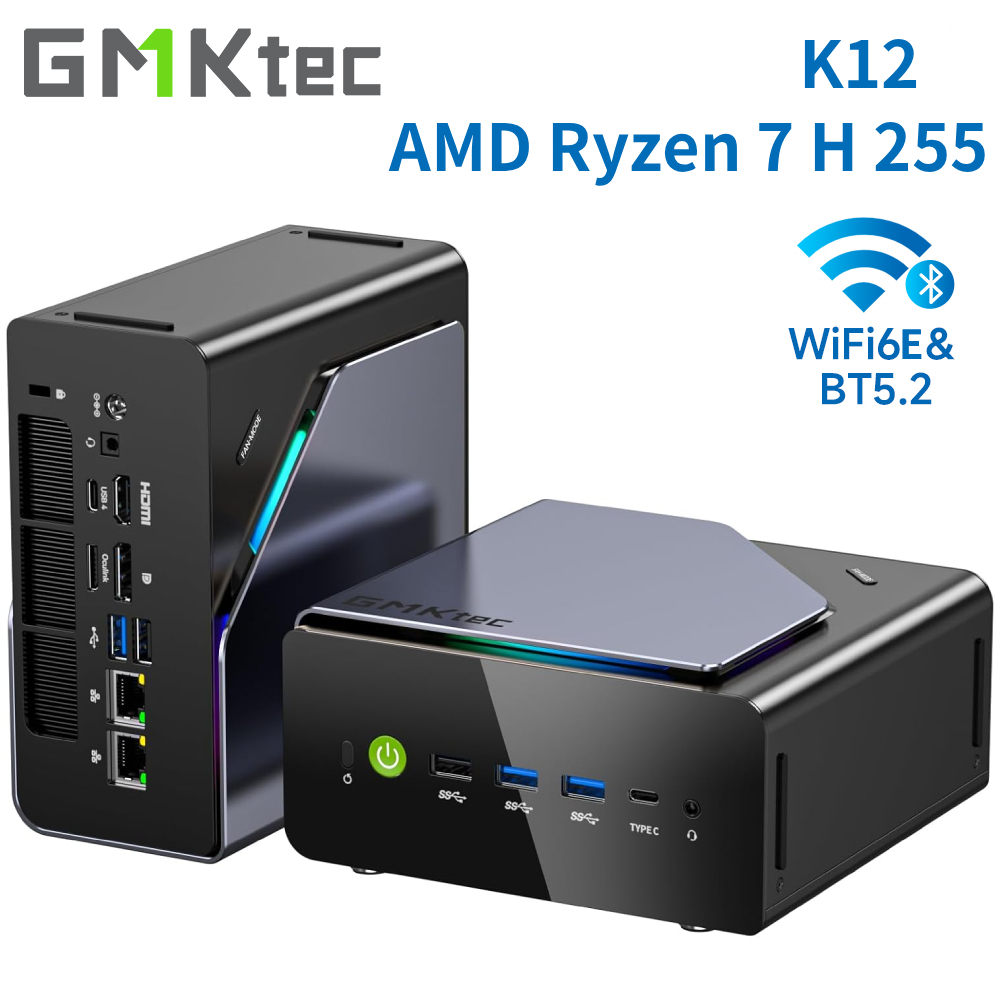 GMKtec K12 Gaming Mini PC AMD Ryzen 7 H 255(Upgraded 8745HS) Desktop Mini Computers Radeon 780M WiFi 6E/BT5.2, USB-C,  Barebone