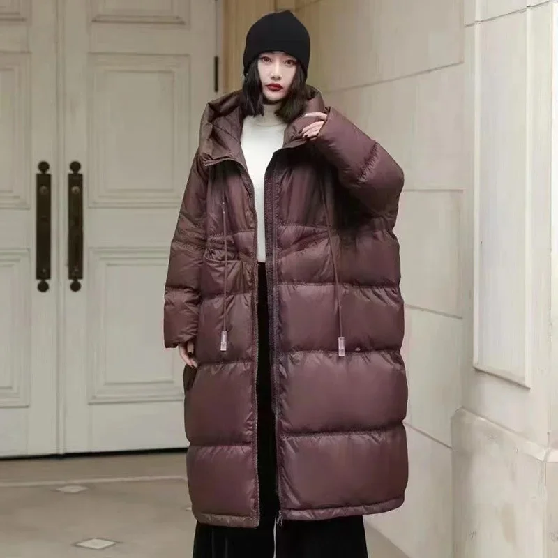 Schinteon Damen-Daunenjacke mit weißer Ente und Kapuze, Herbst-Winter, warm, lang, Übergröße, lockerer Mantel, 2025, Neu