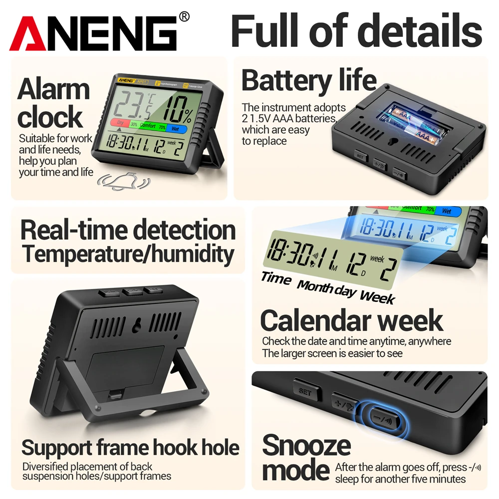 ANENG AP01 LCD Digital Thermometer Hygrometer Indoor Room Temperature Humidity Meter  Alarm Clock Weather Station For Home