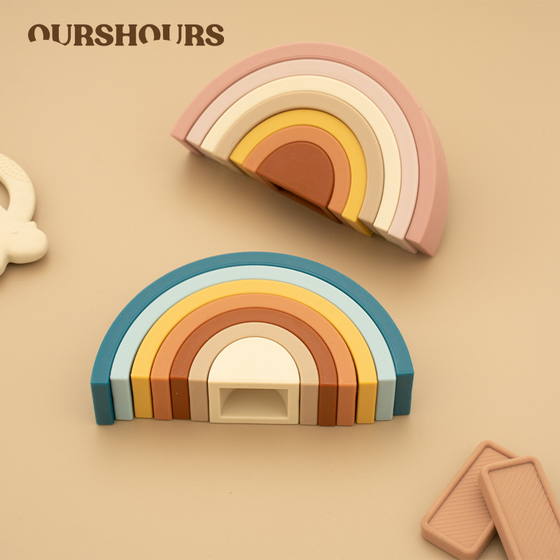 เด็กซิลิโคน Rainbow Stacker Nesting Puzzle Building Blocks ซ้อนของเล่นการเรียนรู้ Montessori ของเล่นสําหรับเด็กวัยหัดเดินของขวัญปลอดสาร BPA