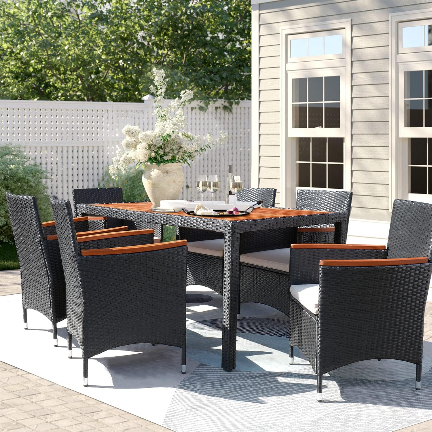 7 Piece Patio Dining Set Outdoor Acacia Wood Table and Chairs with Soft Cushions Wicker Patio Furniture for Deck,Backyard,Garden