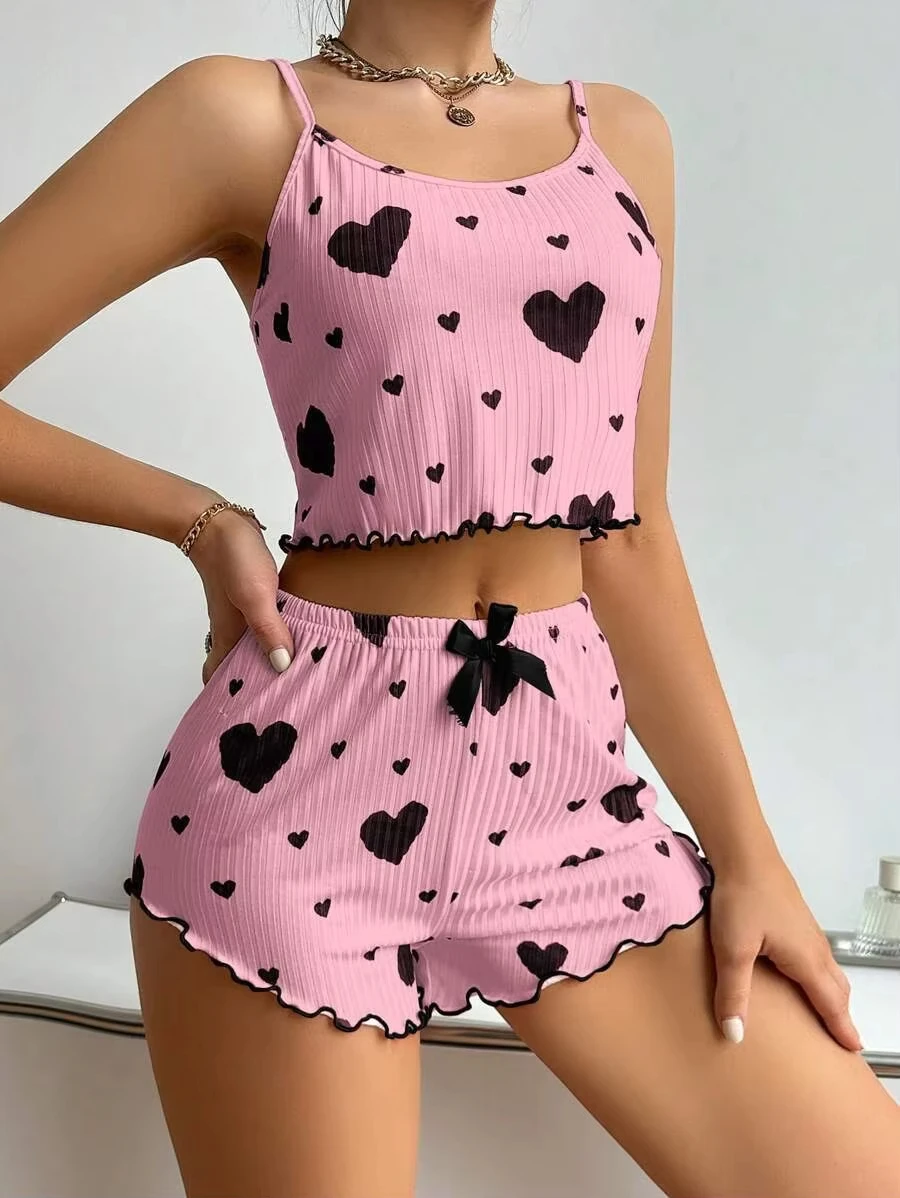 Coração impressão conjunto de pijama feminino com nervuras pijamas cami topo shorts bonito arco loungewear macio e confortável pj conjunto nova moda chegada