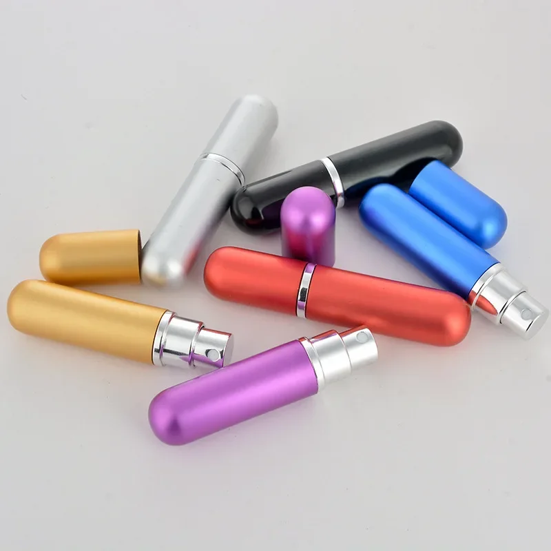 Botella pulverizadora de Perfume de 5ml, botella recargable portátil, envases cosméticos vacíos, atomizador de Perfume de aluminio para viaje
