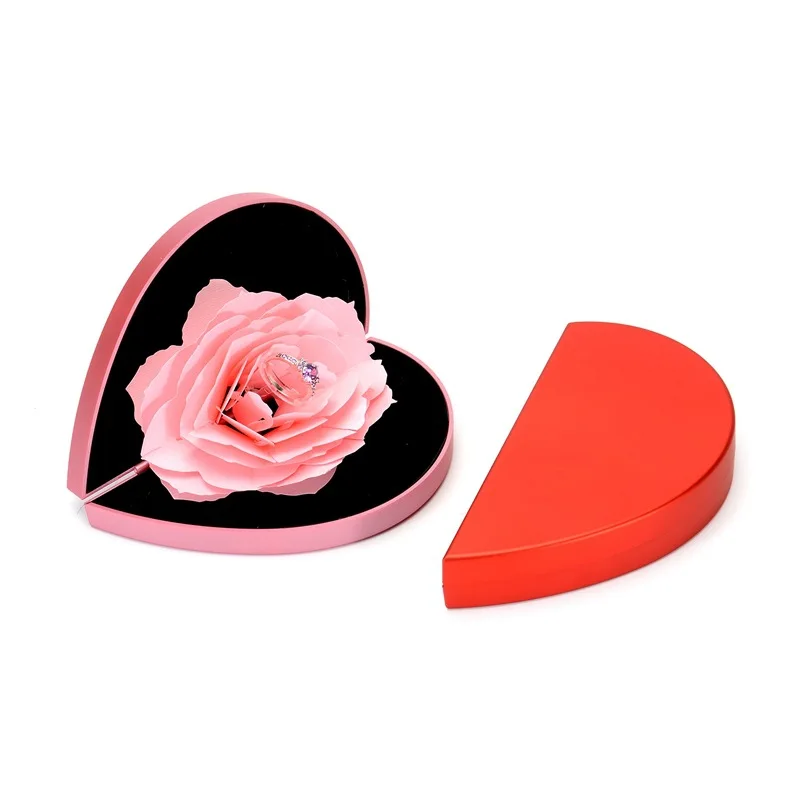 High Quality Jewelry Box For Couples Propose Rings Packaging Rotating Rose Flower Ring Box 3d Heart Shape