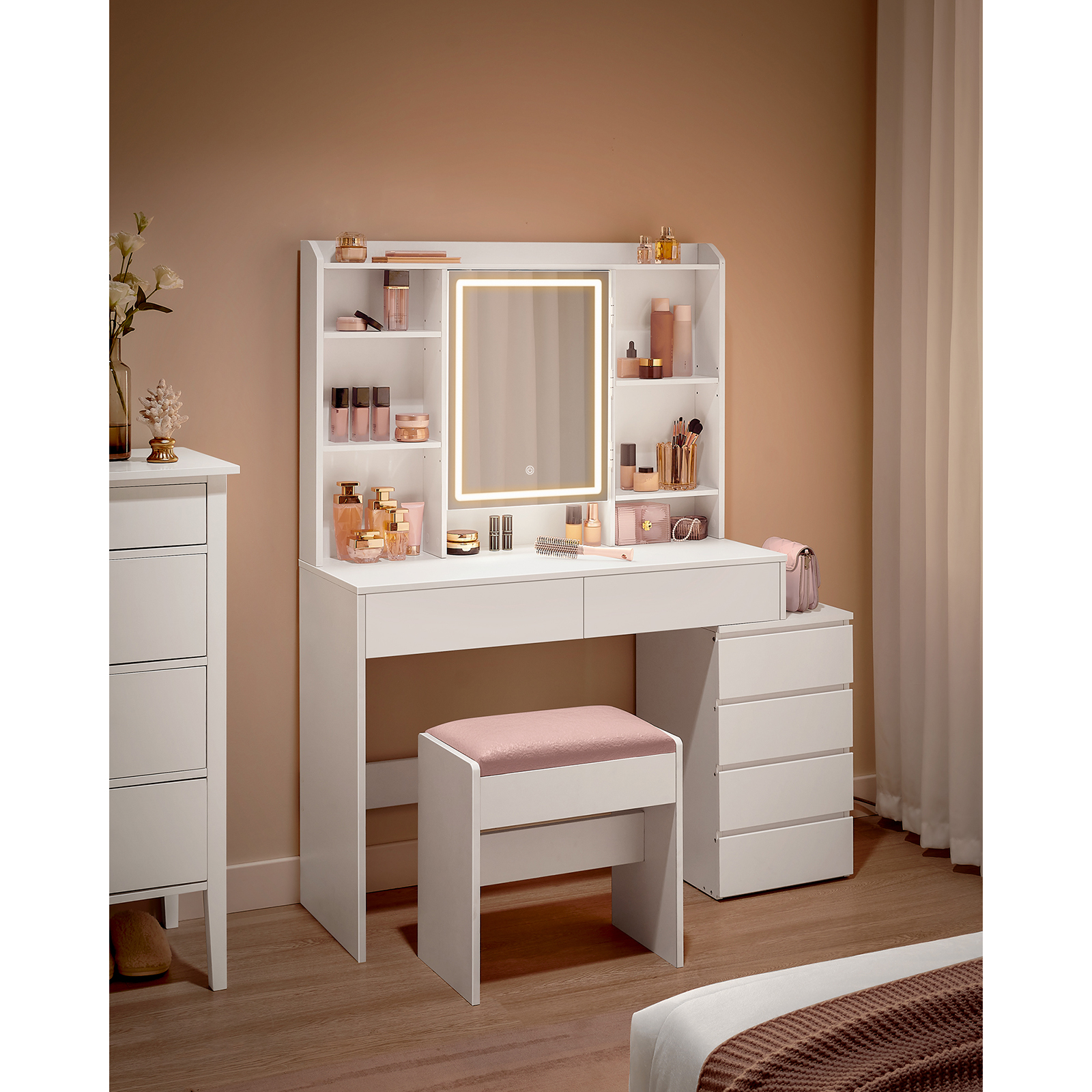 Coiffeuse - VASAGLE - Moderne - Blanc Nuage - 7 compartiments ouverts - 6 tiroirs - Étagères Réglables