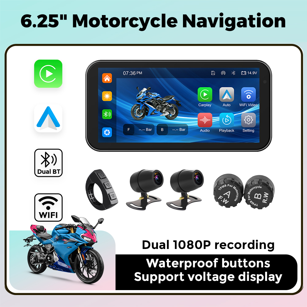 Carplay sans fil étanche IP67 pour moto, navigation GPS, Android Auto, enregistreur de conduite DVR, moniteur de moto, WiFi, portable, 6.25 pouces