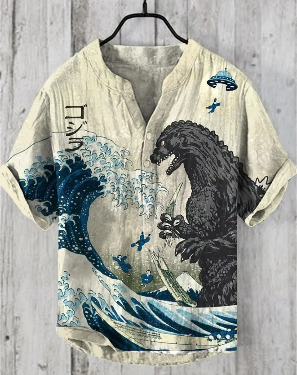 Japanese Fashion Men's Small V Neck Henry Shirt Men's Retro Japanese Godzilla V Neck Casual Linen Shirt