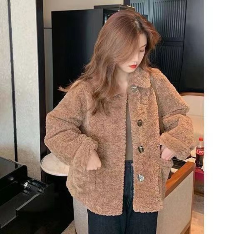 Frauen Herbst Winter Lamm Wolle Kunst pelz dicken Plüsch warme Strickjacke Knopf Mantel solide lose lang ärmel ige lässige Top Oberbekleidung
