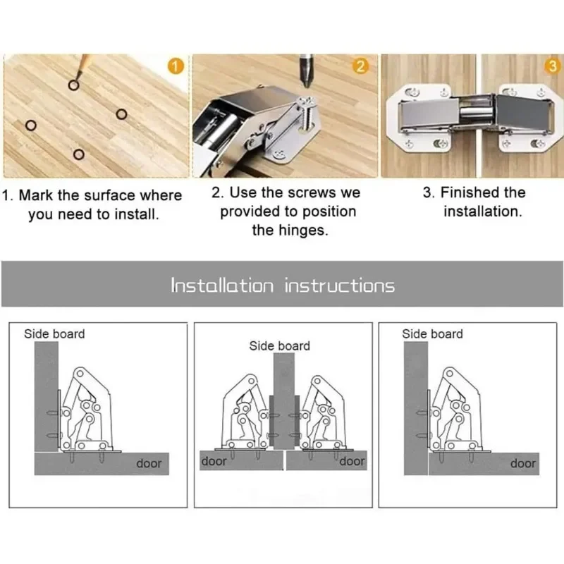 2/10PCS Cerniere per mobili in acciaio da 90 gradi Senza foratura Buffer Cerniera per armadio da cucina Armadio Cerniere Strumenti hardware per mobili fai da te