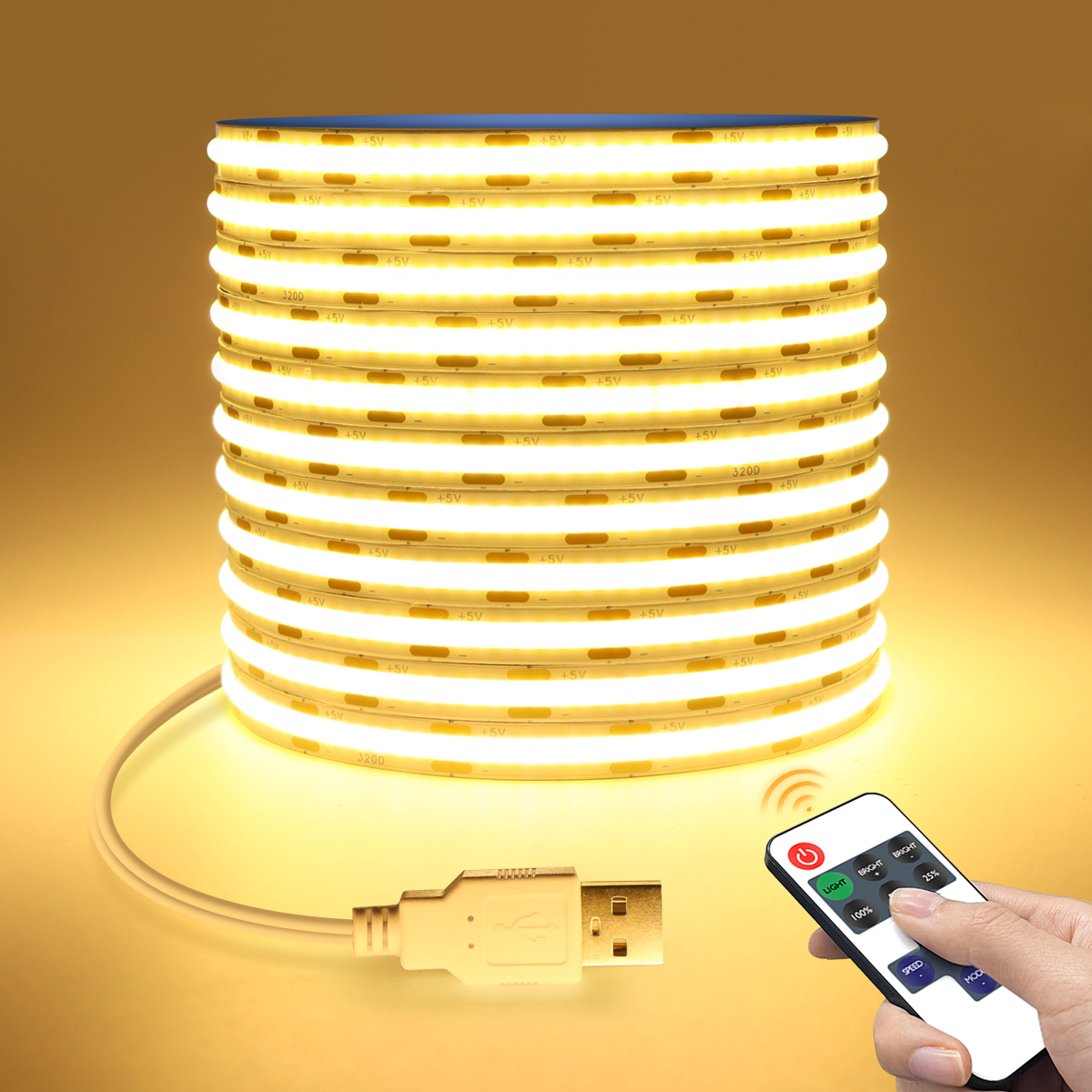 5 V COB-LED-Streifen, hohe Dichte, RA90, 320 LEDs, warm, Natur, kühles Weiß, flexibles Band, lineares Licht, RF-Fernbedienung, dimmbar, USB-LED-Fernseher