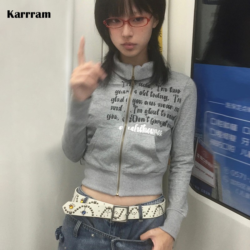 Karram-和風クロップドジャケット,ヴィンテージ原宿ショートコート,アメリカンレタリングプリント,ジッパー付きスウェットシャツ,グランジストア,y2k