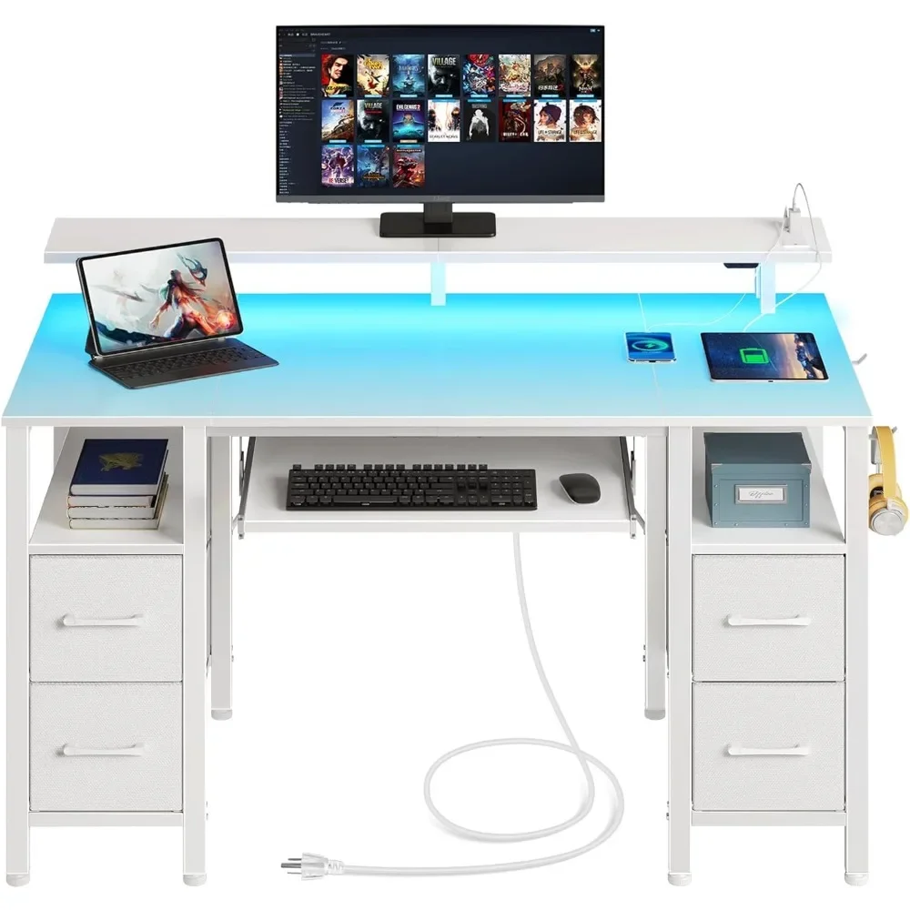 Computer Desk 47.2" with LED Lights & Power Outlets, Home Office Desk with 4 Drawers, Writing Desk with Keyboard Tray