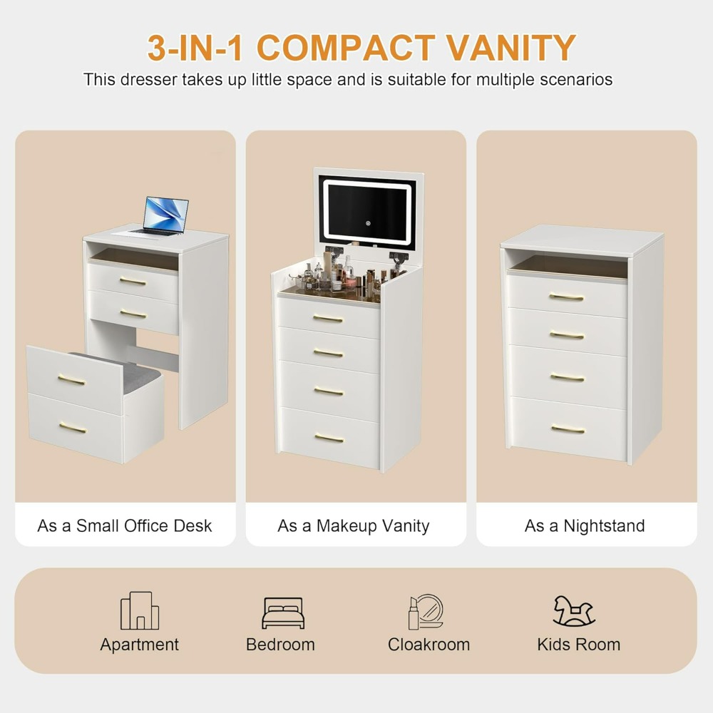 3 in 1 Vanity Desk with open Top Mirror, Make Up Set with Visible Glass Desktop, Makeup Vanity with 3 Drawers, Dressing Table