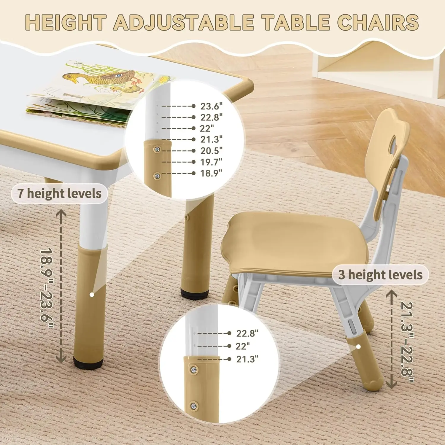 Study Table and Chairs Set, Height Adjustable Toddler Table and Chair Set for Kids Ages 3-8, Graffiti Desktop (Light Brown)