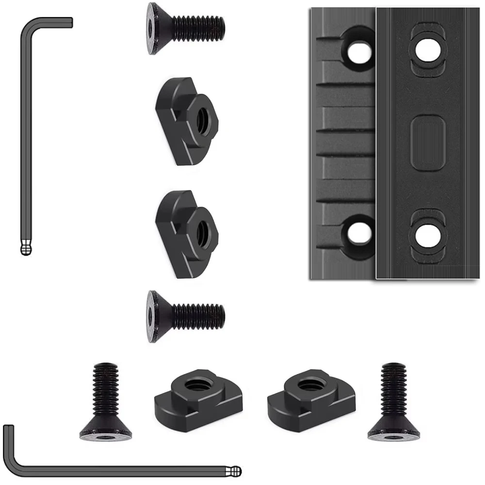 Juego de rieles de accesorios de aluminio Picatinny único, 5 ranuras con 4 tuercas en T y 4 tornillos, 2 llaves Allen - Negro - 2 piezas