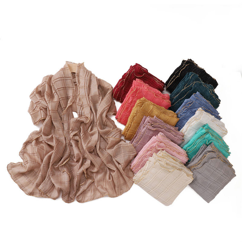 13 cores 80*180cm novo simples fio de prata rugas xadrez cor sólida corrente borda de ouro cachecol muçulmano feminino hijab envoltório ramadan islam