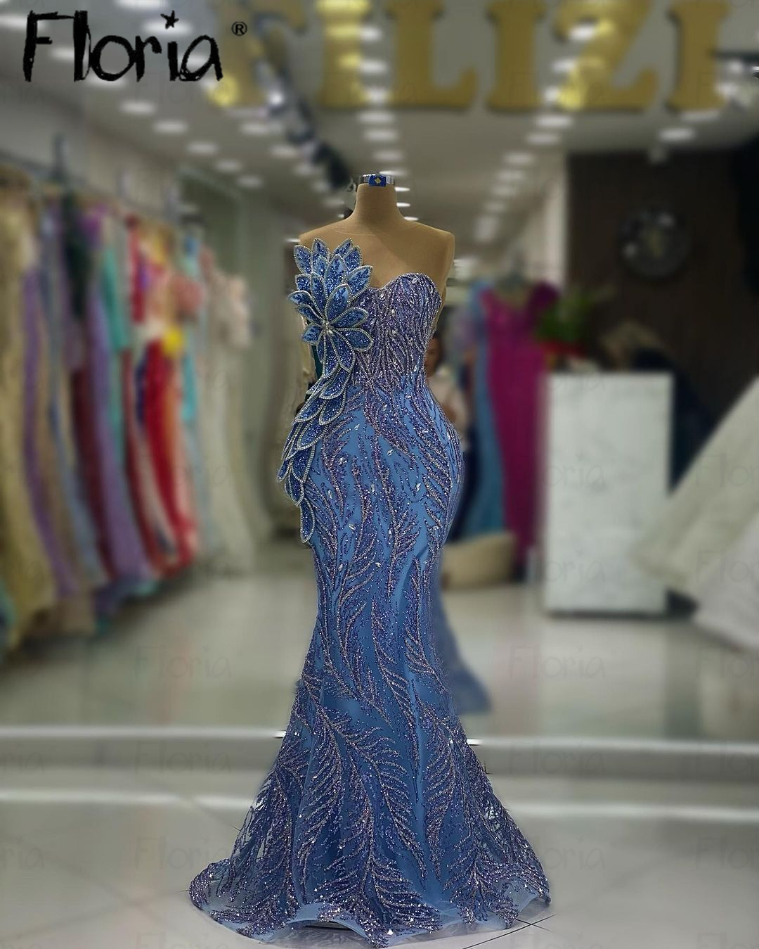 Floria Glitter Silver Crystals Blue Evening Dress Arabic Women 2024 Dinner Night Gowns Customized Special Occasion Dresses
