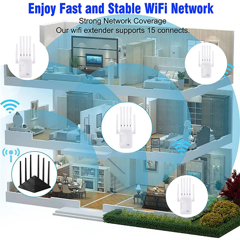 Repetidor WiFi de 1200Mbps, amplificador inalámbrico de doble banda, amplificador de señal de largo alcance de red de 2,4G y 5GHz para repetidor Wi-Fi de oficina en casa