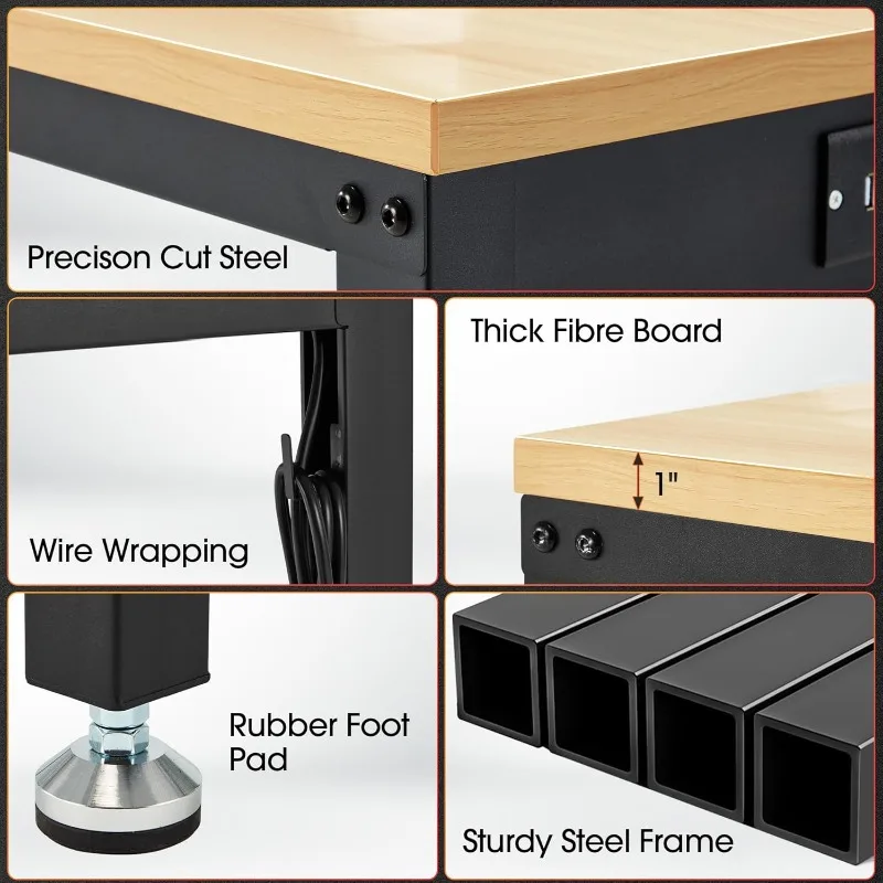 Adjustable Height Wood Workbench, 60" L X 24" W 2000 Lbs Capacity Heavy Duty Work Bench, Smooth Surface Table with Power Outlets
