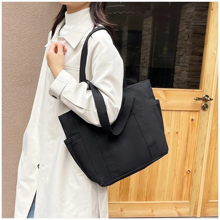 Canvas Women's Bag Large Capacity Multiple Outer Pocket Zipper Shoulder Bag Student Handbag Shopping