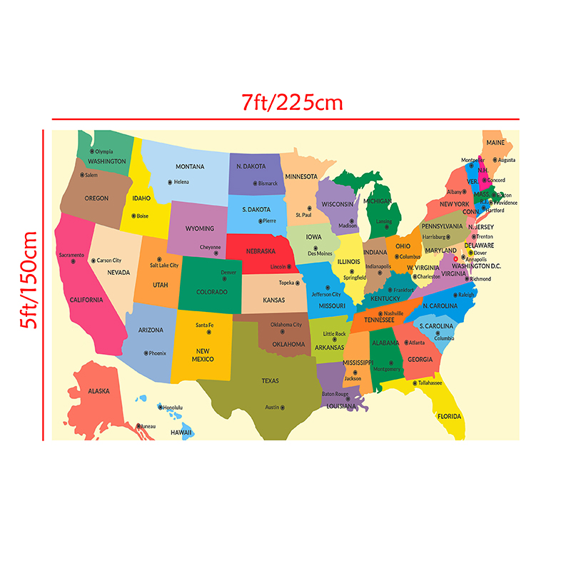 225*150Cm USA Bản Đồ Trong Tiếng Anh Không Dệt Vải Tranh Trang Trí Áp Phích Và In Hình Phòng Khách trang Trí Nhà Vật Dụng Văn Phòng