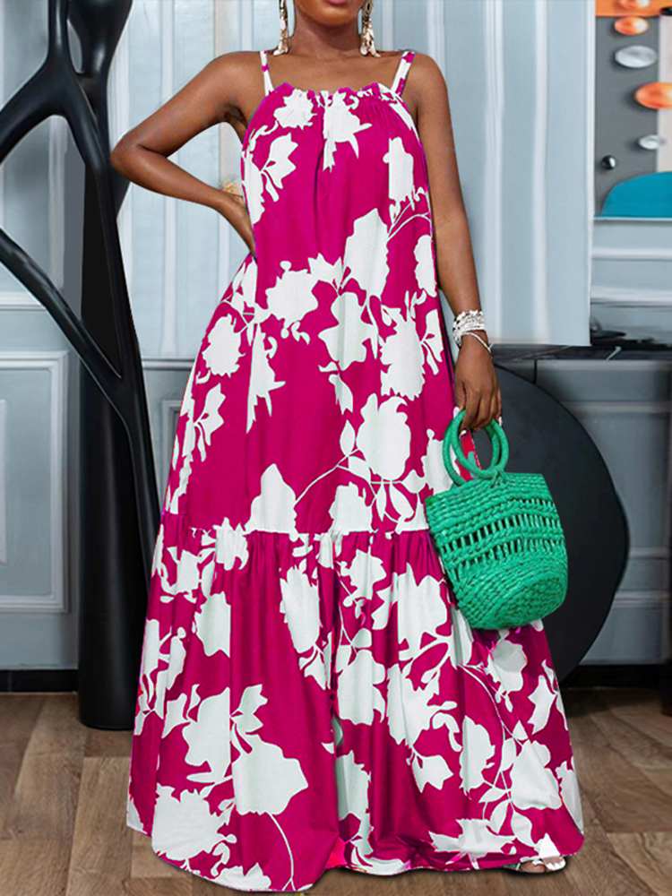 VONDA-女性のボヘミアンドレス,ラージサイズ,ノースリーブ,ヴィンテージプリント,マキシ,ロングサマードレス,セクシーなストラップ,カジュアル,ルーズ,フリル,ビーチウェア