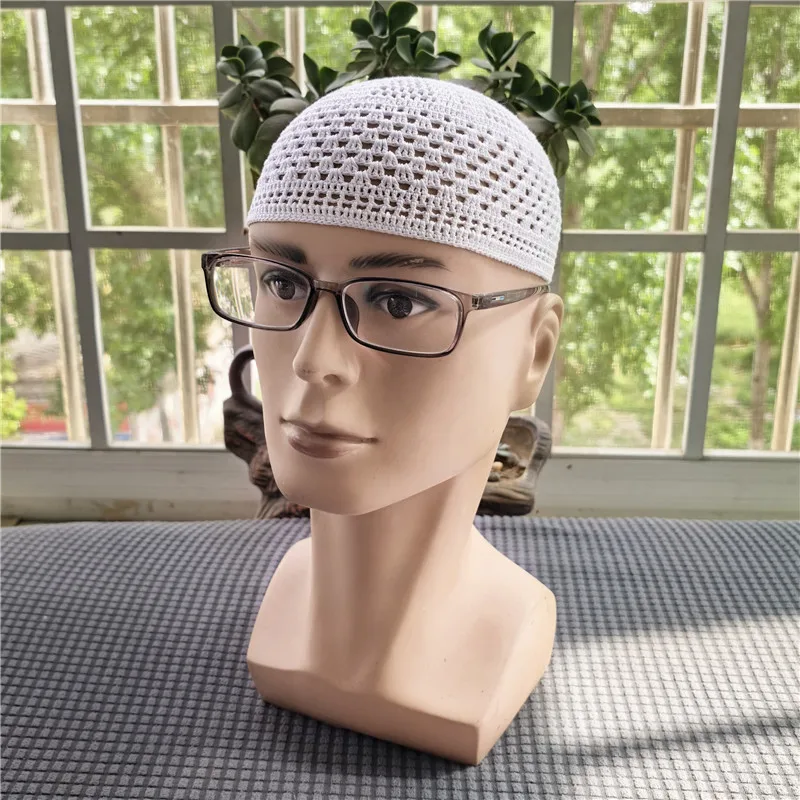 Novo verão branco puro artesanal gancho chapéu de oração muçulmano malha kufi chapéu crânio boné crochê artesanal islâmico ramadan oração boné