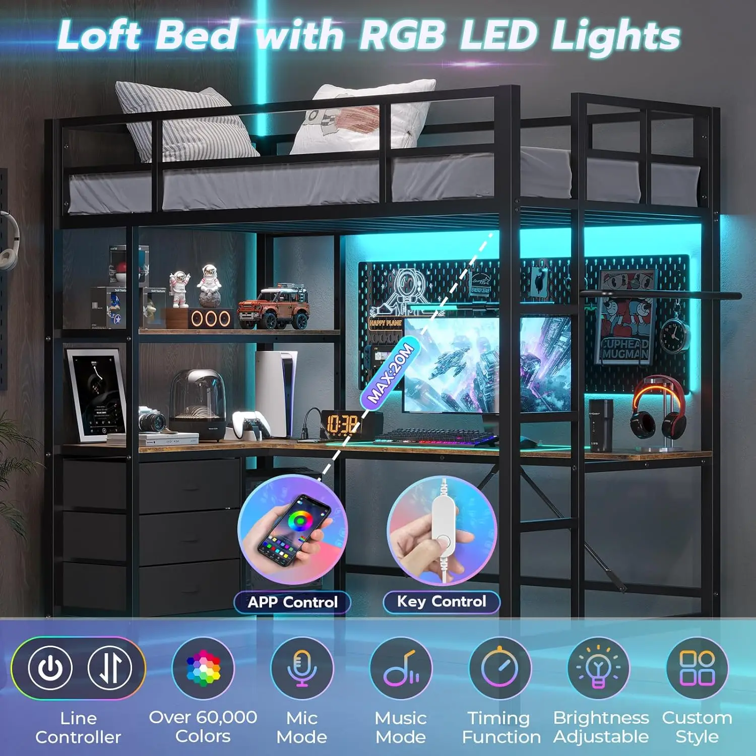 Twin Metal Loft Bed with L-Shaped Desk, LED Lights,Charging Station LED Loft Bed Frame Twin Size with 3 Storage Shelves
