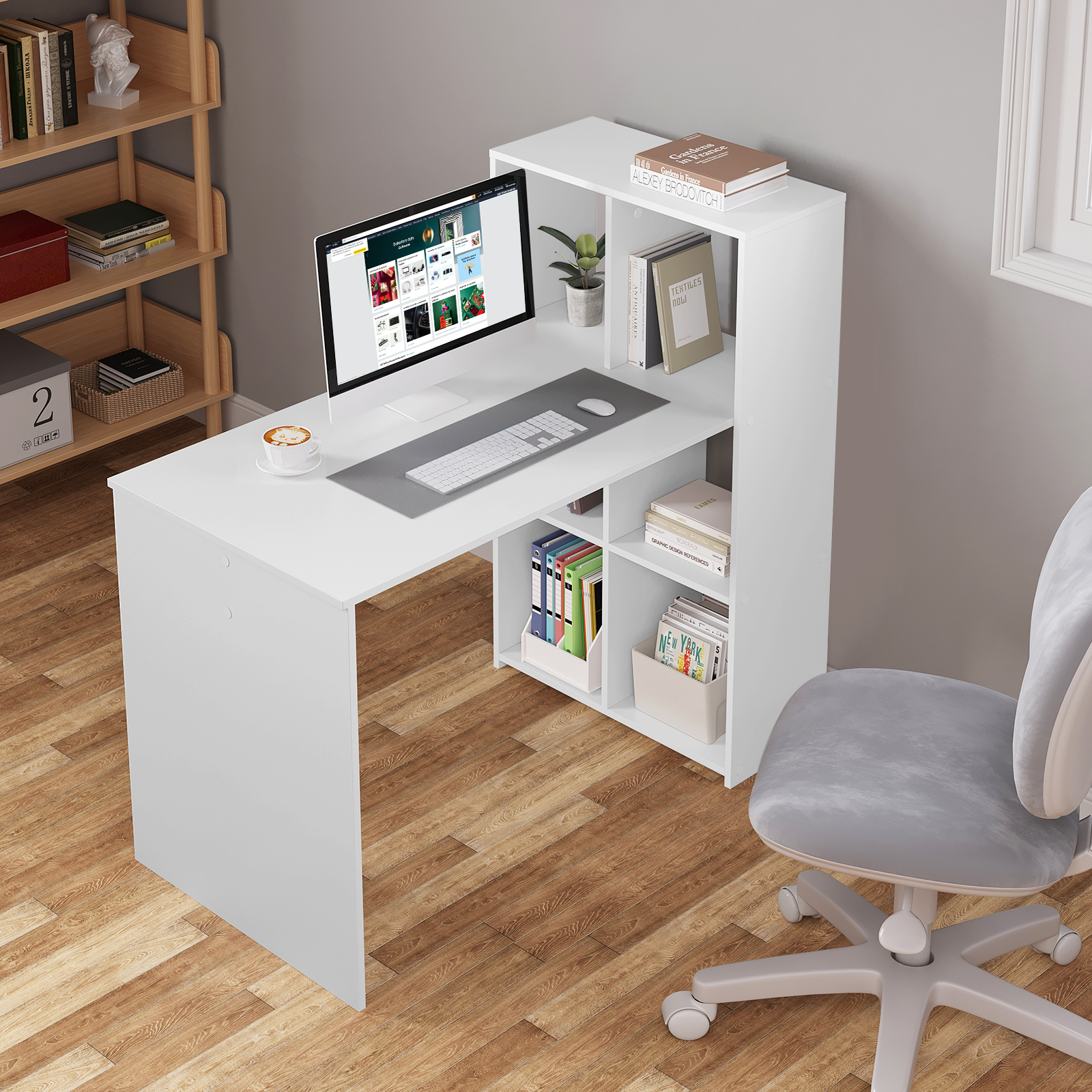 WOLTU Bureau d'ordinateur en bois blanc avec étagère de rangement 120 x 63 cm, poste de travail pour bureau, salon, chambre à coucher