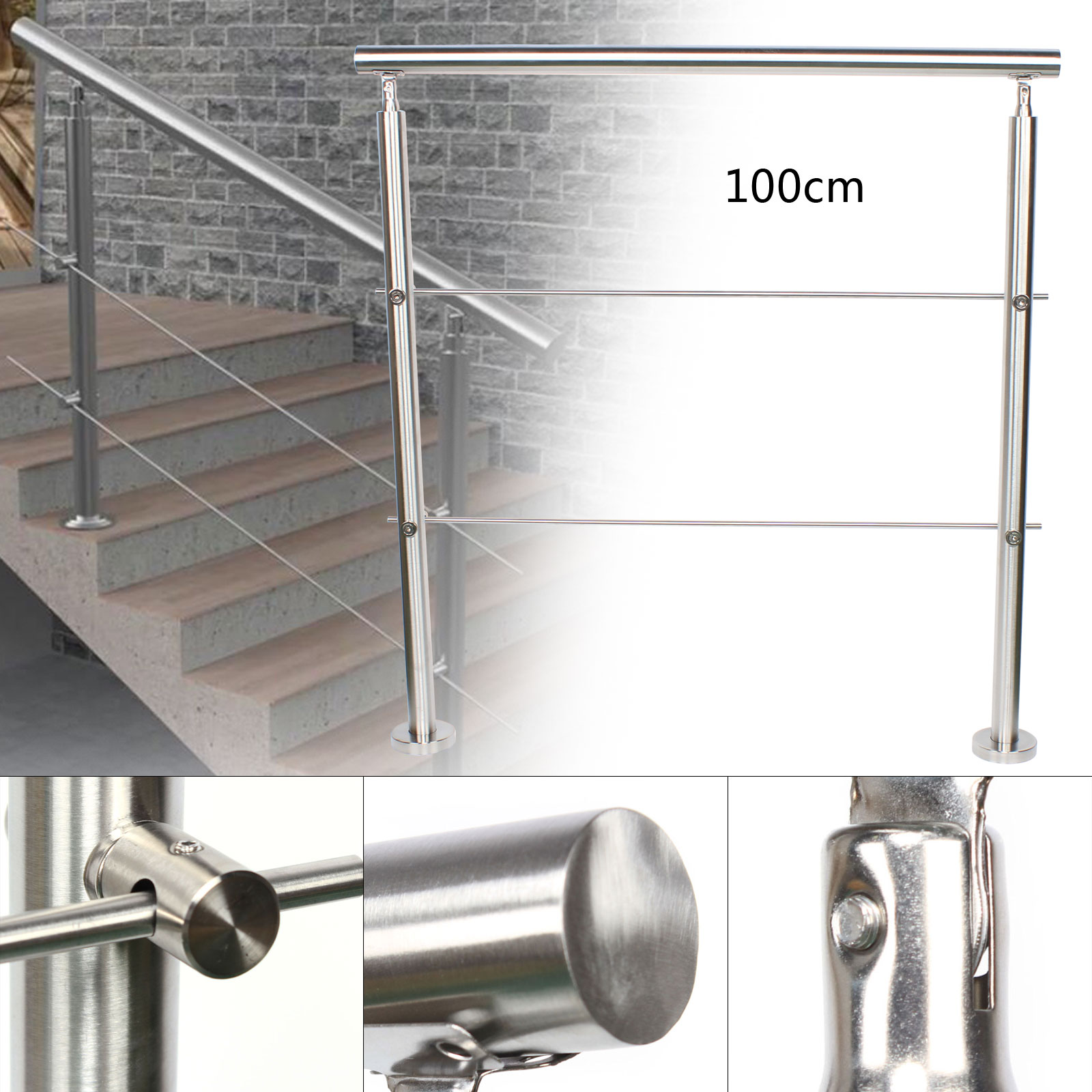 100cm Handrail with 2 Horizontal Bars, Includes 6 Expansion Screws (M8*80) and 8 Self-Tapping Screws (M5) for Easy Installation