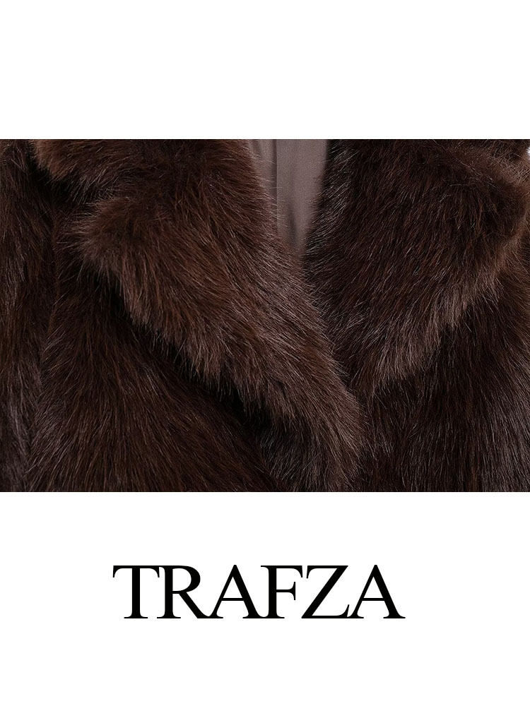 TRAFZA แฟชั่นผู้หญิงสีน้ําตาลสบายๆแขนยาวปุ่ม Turn-Down COLLAR หลวมผู้หญิงฤดูหนาว WARM Coat Faux FUR แจ็คเก็ต