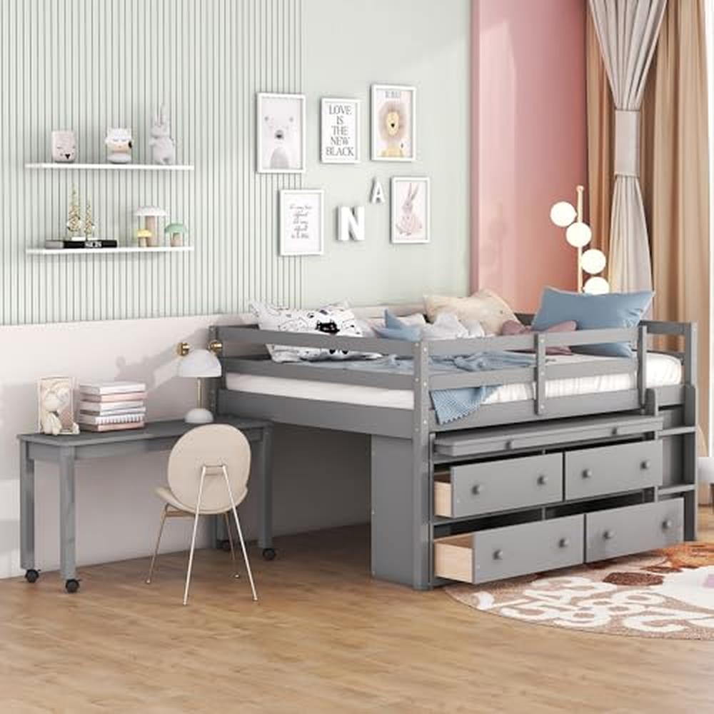 Children's Loft Bed with Desk and Storage Drawers Full Size Modern Wooden Loft Bunk Bed Gray Loft Bed with Shelves Sturdy Kids