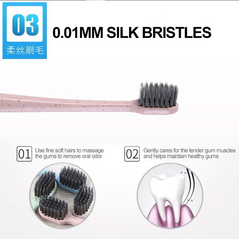 크로스 보더 성인용 부드러운 대나무 숯 빈슈탄, 밀 빨대 칫솔, 남녀 공용 가정용 가족 팩, 10 PCs