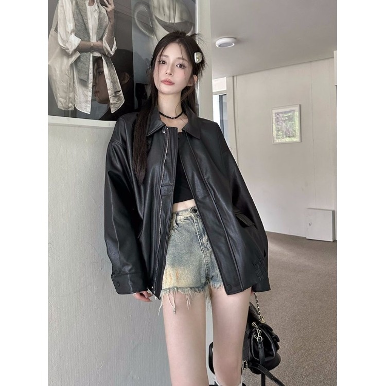 Jaqueta de Couro Marrom Americana Retrô Fena, Jaqueta de Couro PU Preta de Manga Longa Solta para Motocicleta, Moda Outono