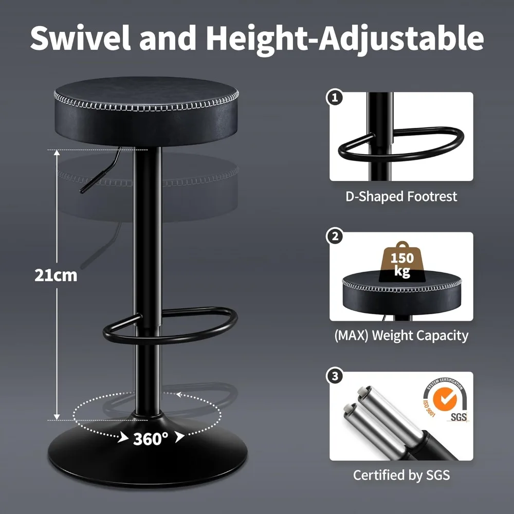 Swivel Bar Stools Set of 2 Black Microfiber Leather Counter Height Bar Stools with Round Seat Adjustable Backless Barstools